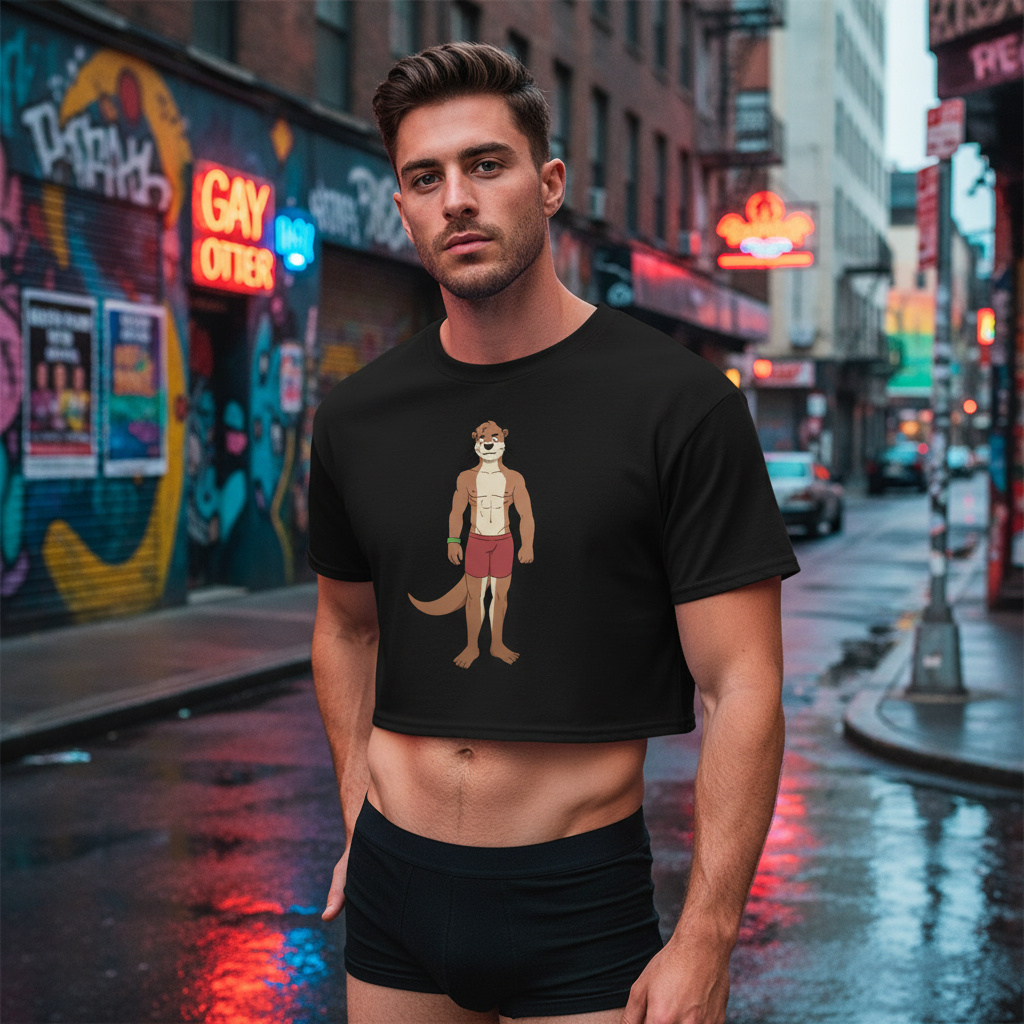 Gay Otter Crop Top shows a cartoon otter in red shorts and gloves; guy pairs it with black boxer briefs, city street