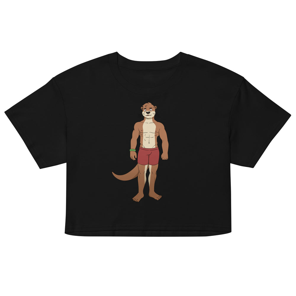 Gay Otter Crop Top shows a cartoon otter in red shorts and gloves; guy pairs it with black boxer briefs, city street, "GAY OTTER" sign.