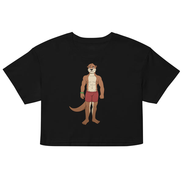 Gay Otter Crop Top shows a cartoon otter in red shorts and gloves; guy pairs it with black boxer briefs, city street, 