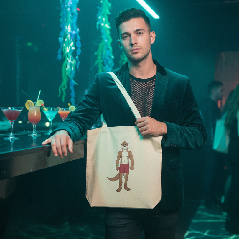 Person in a blazer models a canvas tote with a cartoon otter in red trunks at a bar