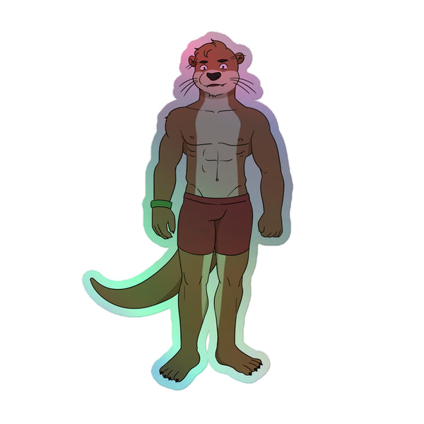 Illustrated muscular otter sticker wearing red shorts, with a long tail and colorful holographic outline