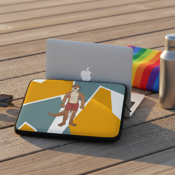 Water-resistant Gay Otter laptop sleeve flaunts a cartoon buff otter in red shorts on yellow-teal geometric print