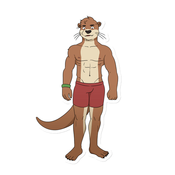 Front-facing muscular anthropomorphic otter in red swim trunks and a green wristband