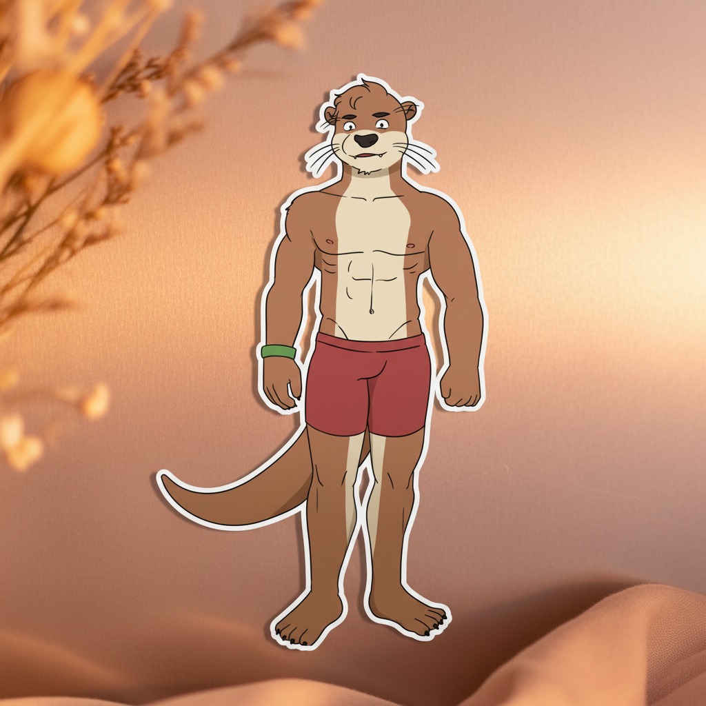 Vinyl magnet of a buff cartoon otter in red trunks and green wristband, on plush with blurred dried flowers