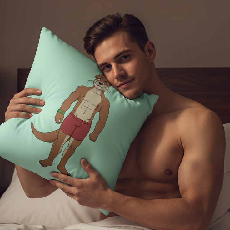 A smiling person hugs a teal Gay Otter Pillow with a cartoon otter in red shorts