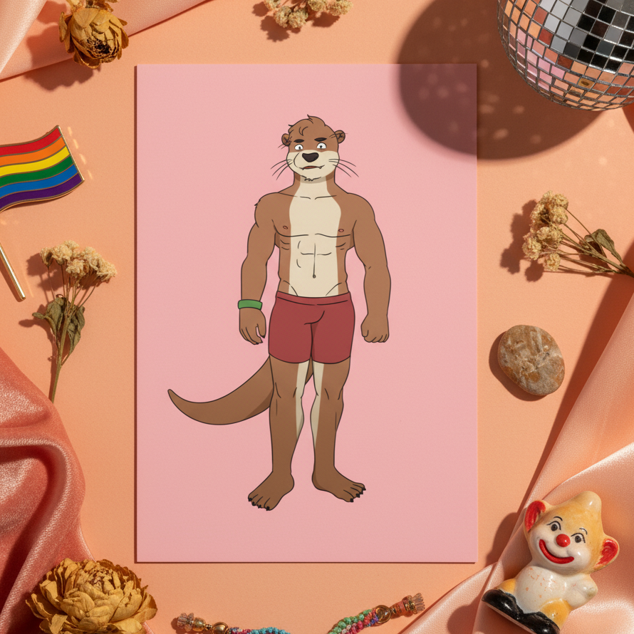 Gay Otter Postcard with a buff otter in red shorts, green wristband, on pink; rainbow flag, disco ball, dried flowers around.