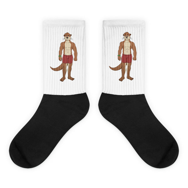 Pair of white ribbed crew socks with muscular otters in red briefs and black feet