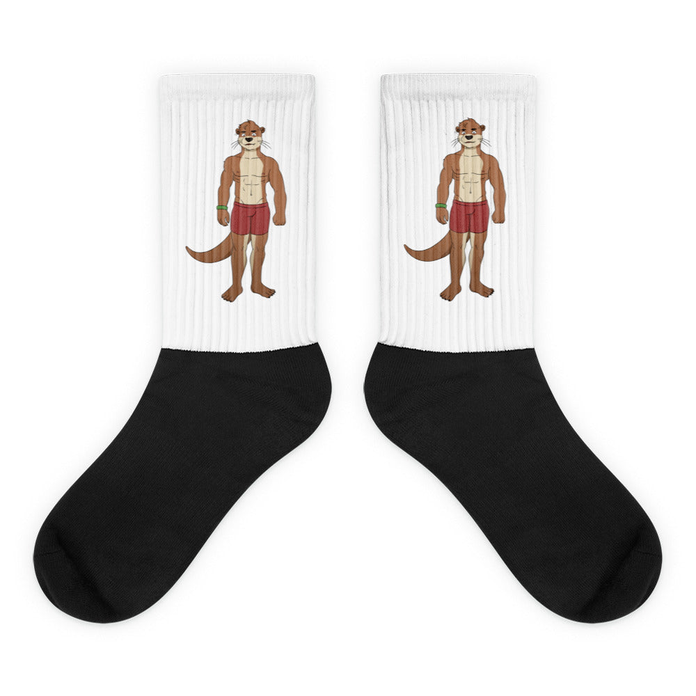 Pair of white ribbed crew socks with muscular otters in red briefs and black feet