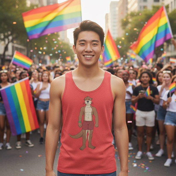 Gay Otter Unisex Tank Top with a cartoon otter print, worn by a smiling person
