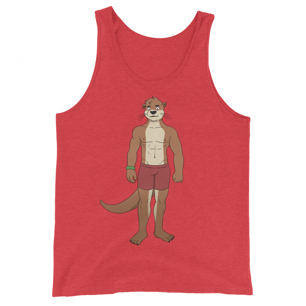 Gay Otter Unisex Tank Top with a cartoon otter print, worn by a smiling man at a Pride Parade with rainbow flags and confetti.