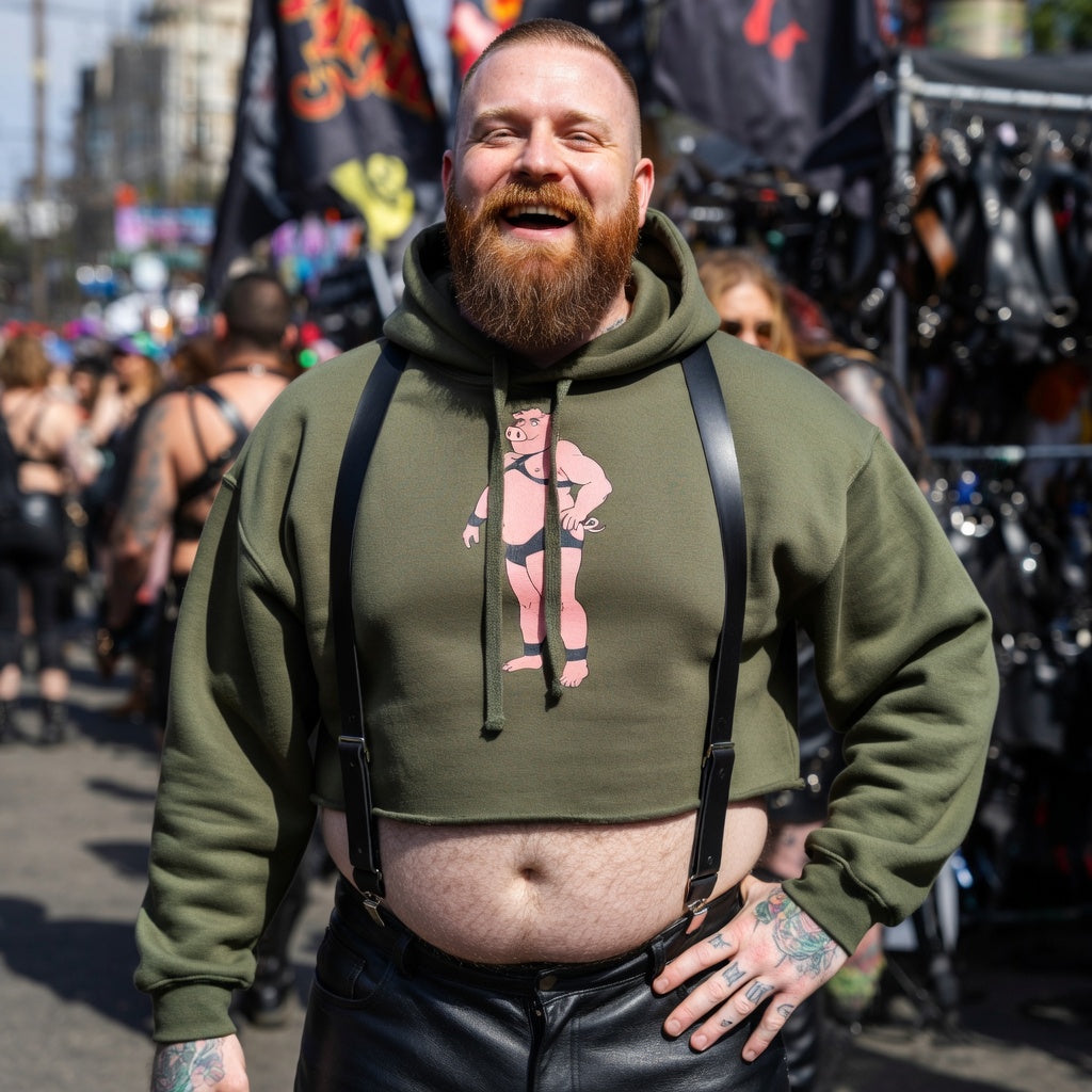Gay Pig Crop Hoodie with cartoon bear graphic, black leather pants