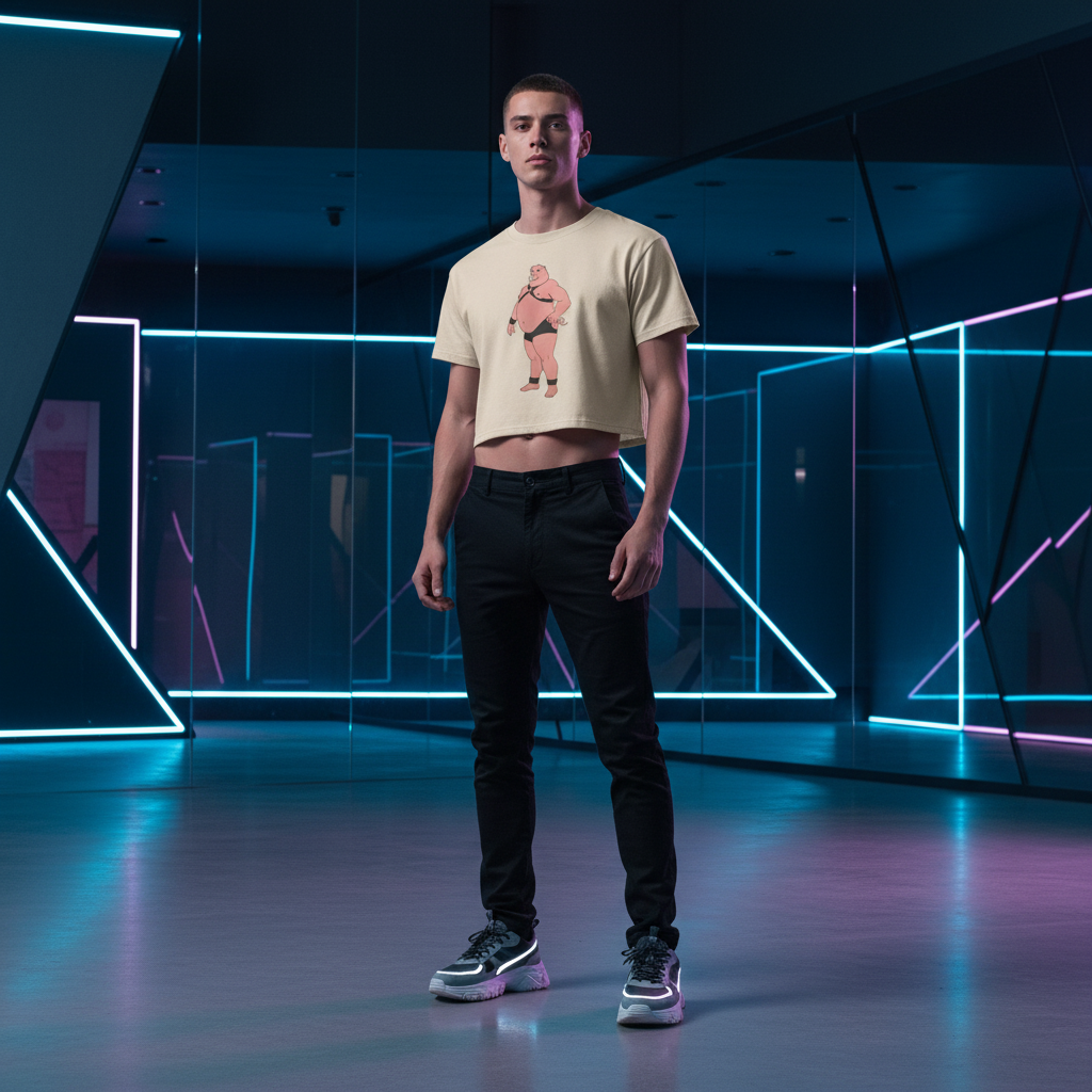 Beige Gay Pig Crop Top on a young man, paired with black pants and gray sneakers, in a neon-lit, mirrored, futuristic room.