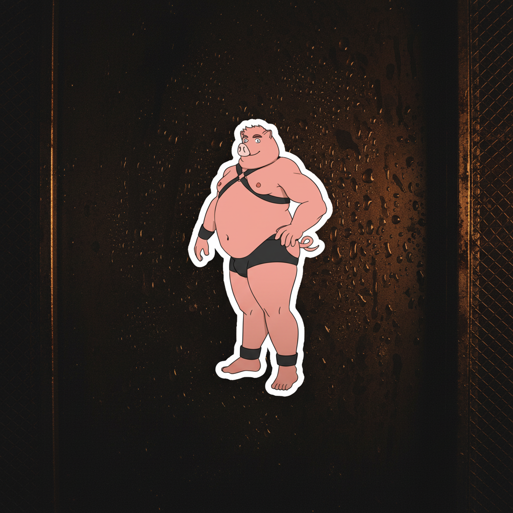 Gay Pig Magnet featuring a round cartoon pig in black leather harness and briefs