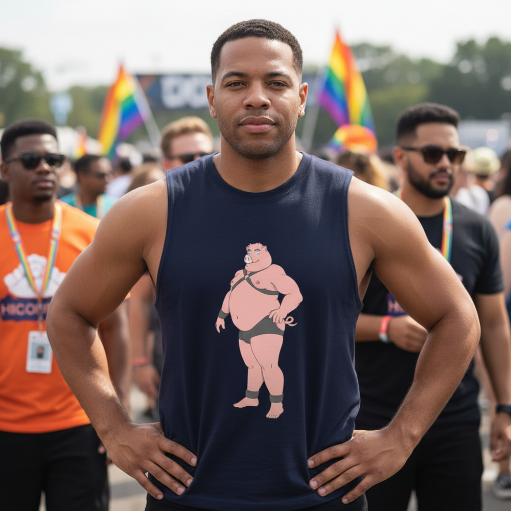 The Gay Pig Muscle Top, a relaxed fit tee, is rocked by a proud person