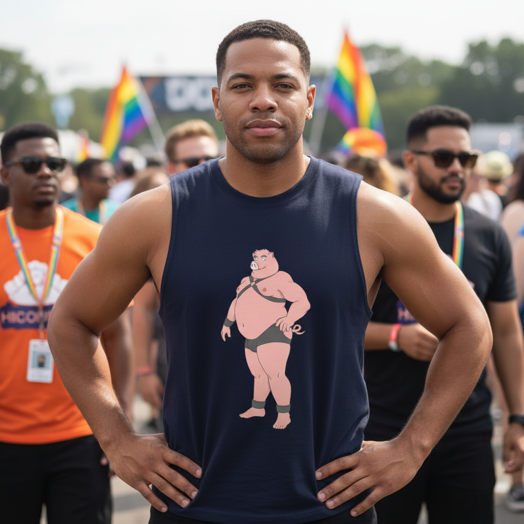 The Gay Pig Muscle Top, a relaxed fit tee, is rocked by a proud person