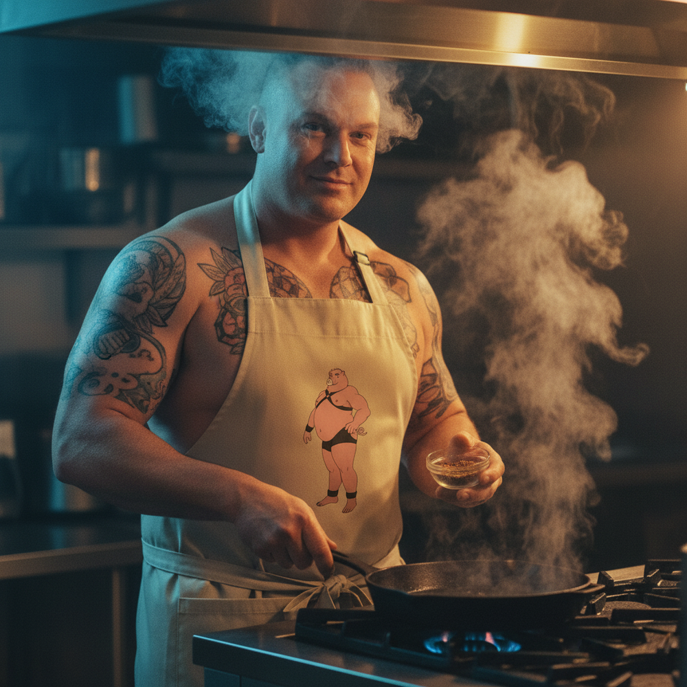 Tattooed person cooking at a stove wears a beige apron with a cartoon pig in black underwear