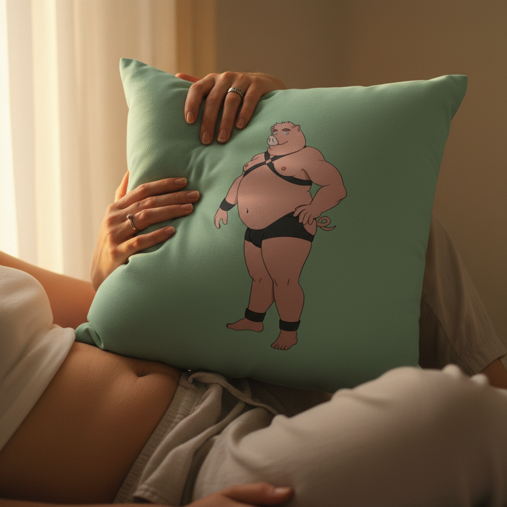 Mint green Gay Pig Pillow with a cartoon pig in black leather, gently held by relaxed hands