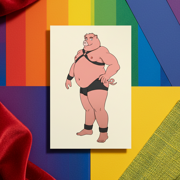 Gay Pig Postcard: plus-size figure in black fetish gear with pig nose, ears, tail on cream card