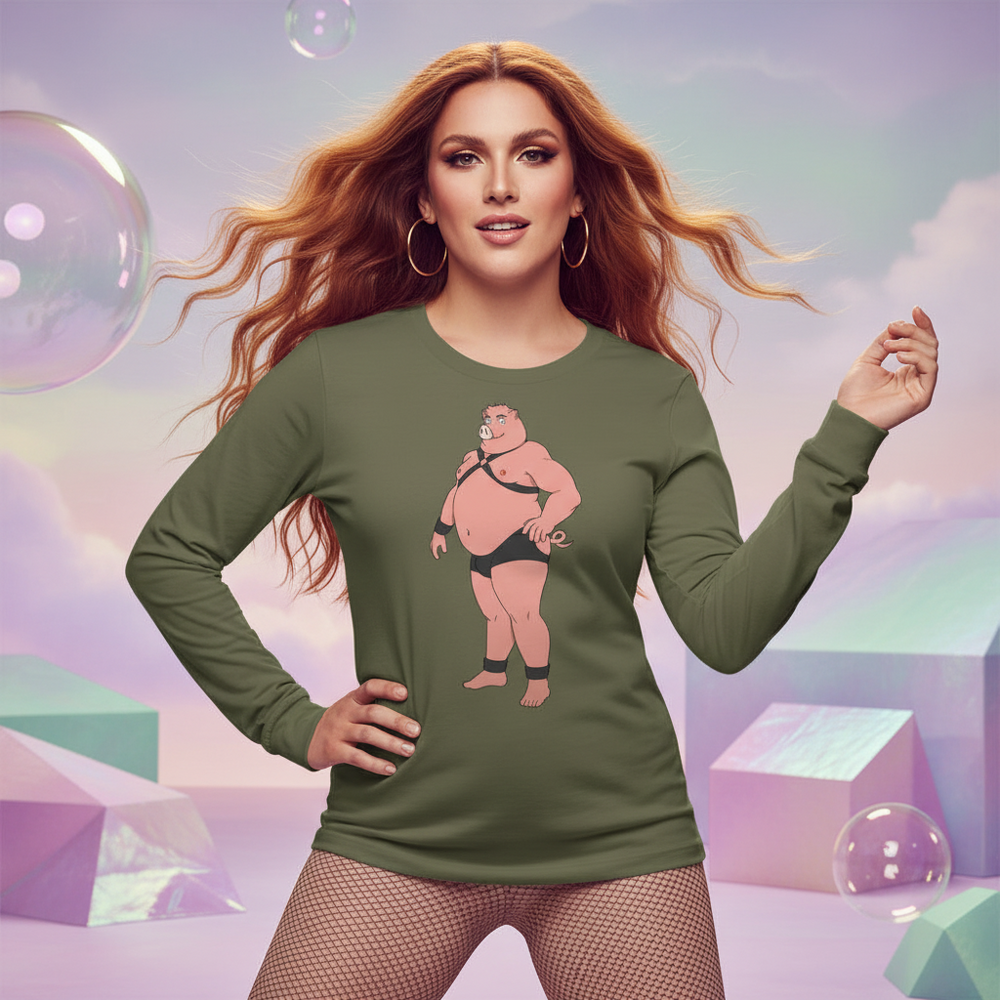Green Gay Pig Unisex Long Sleeve T-Shirt with cartoon wrestler, modeled by someone in fishnets and hoops