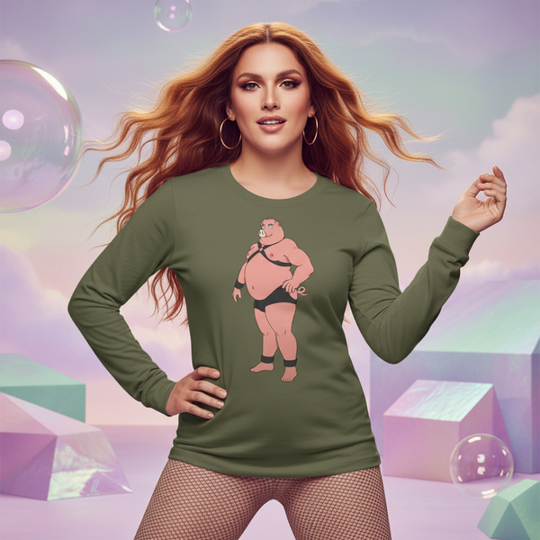 Green Gay Pig Unisex Long Sleeve T-Shirt with cartoon wrestler, modeled by someone in fishnets and hoops