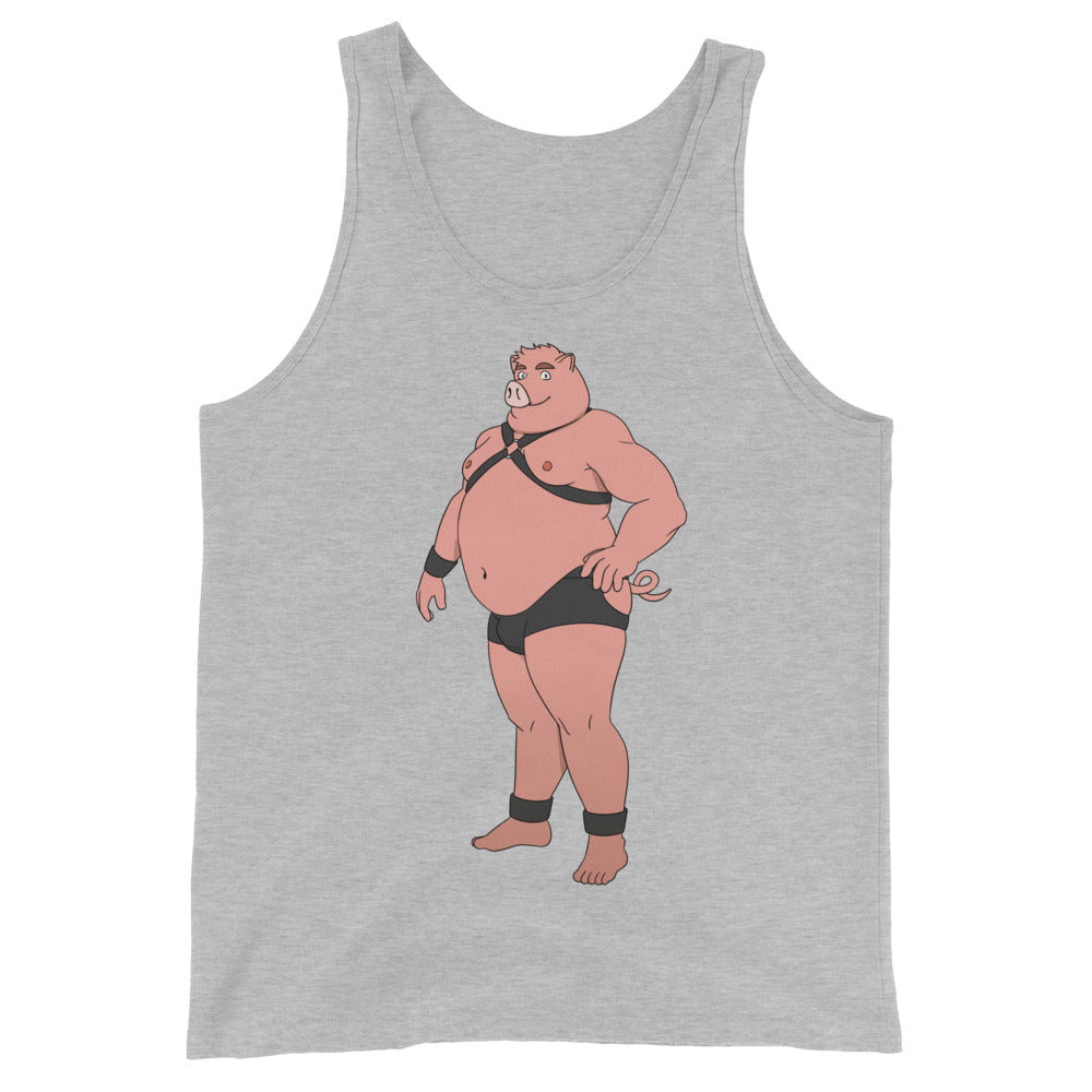 Front view of a gray tank top with a cartoon pig in black leather gear and briefs