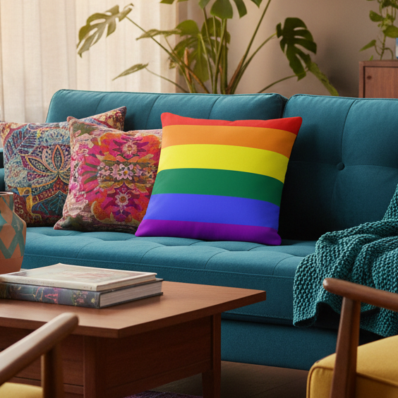 Teal sofa with a knitted throw and colorful pillows, including a Gay Premium Pillow
