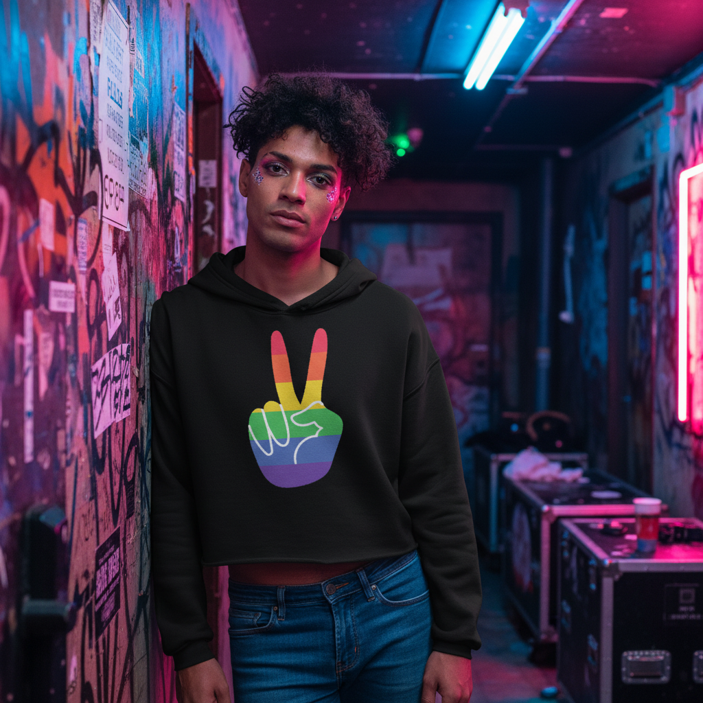 Gay Pride crop hoodie with a rainbow peace sign, worn by a person leaning