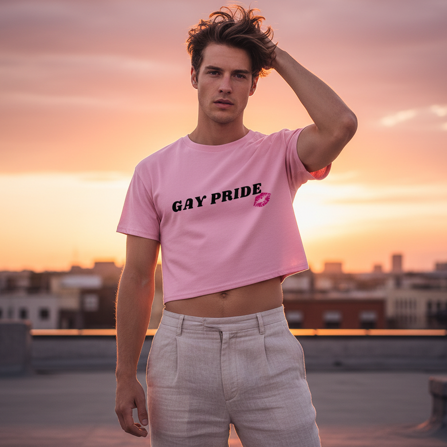 Person wearing a pink cropped T-shirt reading “GAY PRIDE” on a rooftop at sunset