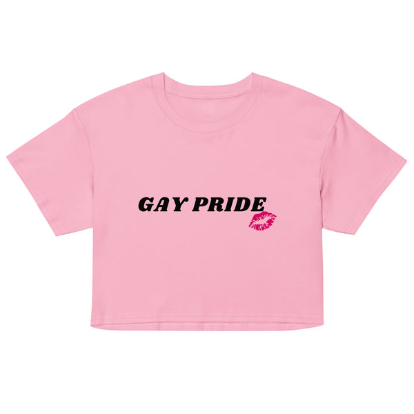 Front flat lay of a pink cropped T-shirt with “GAY PRIDE” text and a lips graphic