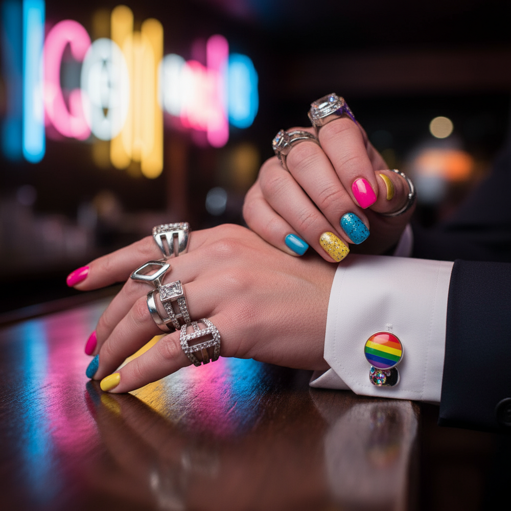 Hands with colorful nails and silver rings beside a rainbow Pride cufflink on a white shirt cuff