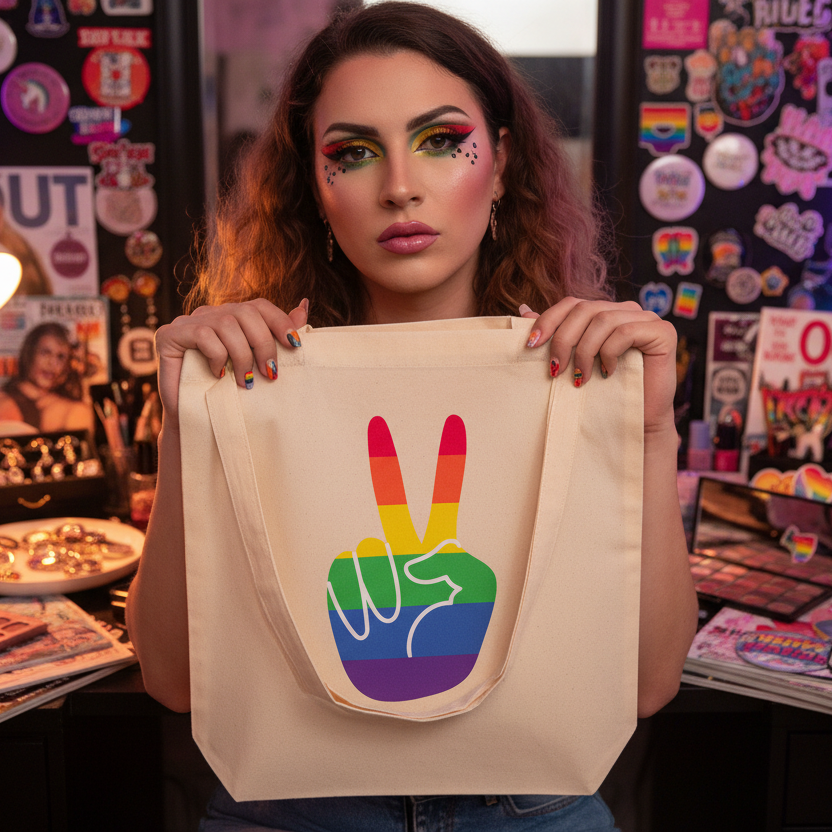 Person holding a beige tote bag with a rainbow peace-sign hand graphic