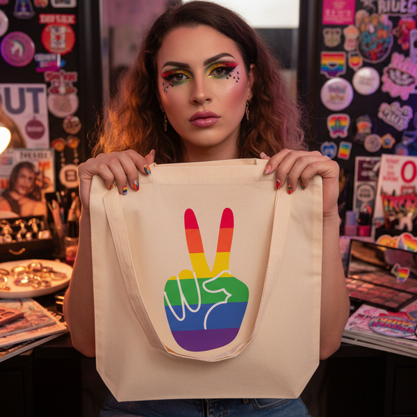 Person holding a beige tote bag with a rainbow peace-sign hand graphic