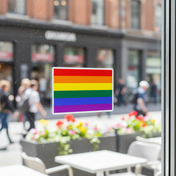 Bubble-free vinyl Gay Pride Flag sticker shines on a glass window with queer flair as folks stroll past planters and city