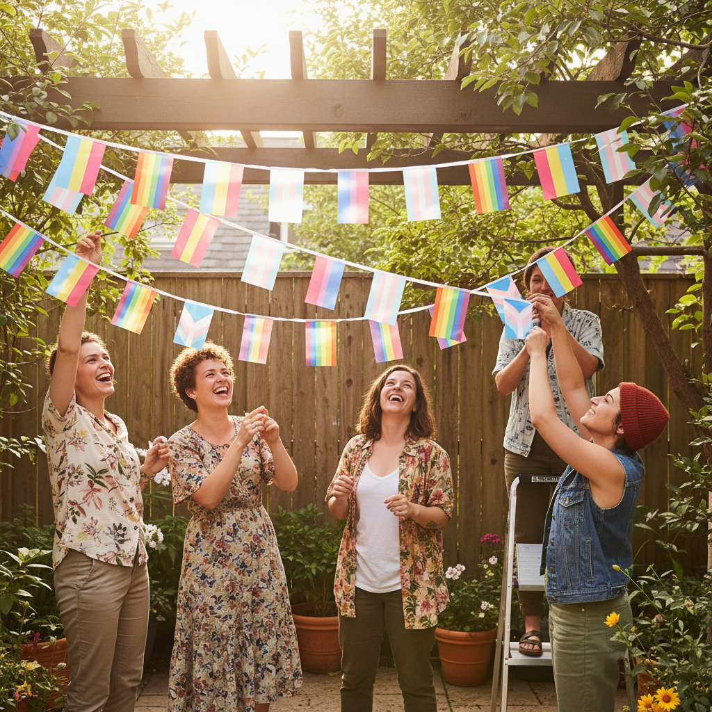 Five people hang Gay Pride Flag Bunting in a sunny, plant-filled garden under a wooden pergola