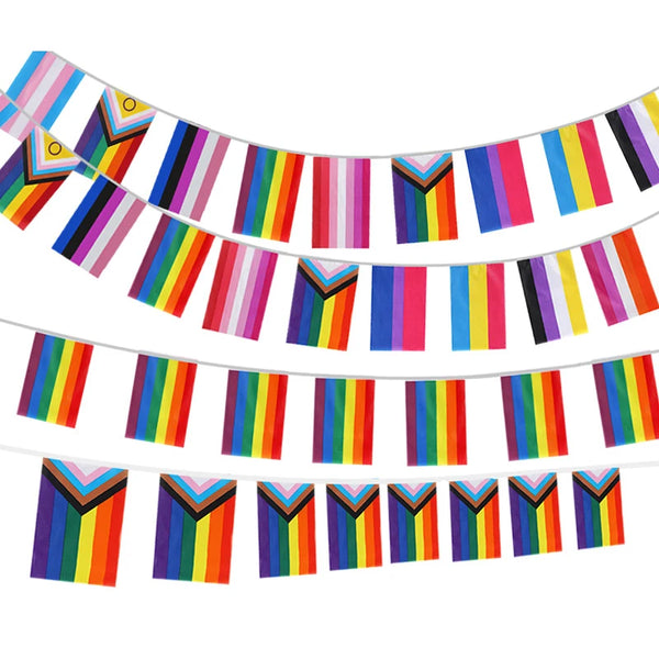 Several rows of colorful Pride flag bunting with rainbow and chevron-patterned pennants