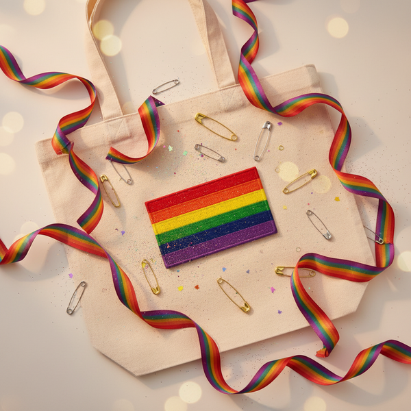 Rectangular rainbow-striped embroidered patch on a cream canvas tote with ribbons and safety pins