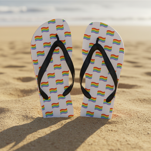 Gay Pride flip-flops with bold rainbow flag stripes stand upright in soft golden sand