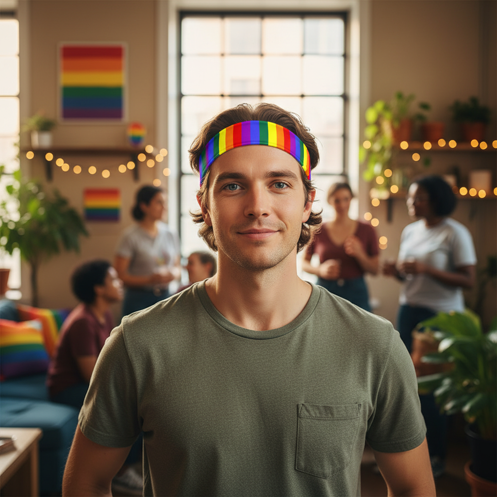 Gay Pride headband with rainbow colors worn by a smiling person