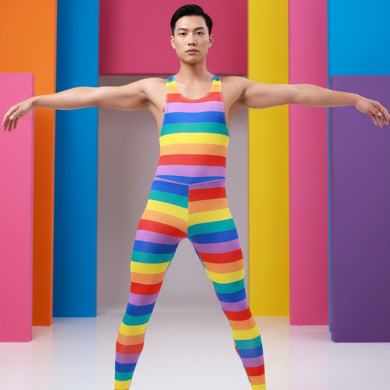 Front-view model wearing a rainbow-striped sleeveless Pride jumpsuit with arms outstretched