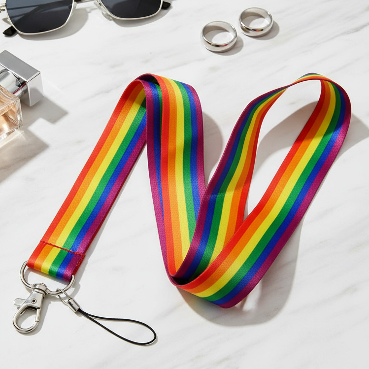 Rainbow-striped lanyard with a silver clasp and black wrist loop on a marble surface