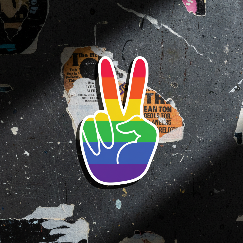 Gay Pride Magnet—magnetic vinyl sticker of a hand flashing a rainbow-striped peace sign