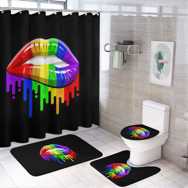 Bathroom set with black shower curtain and mats featuring rainbow dripping lips