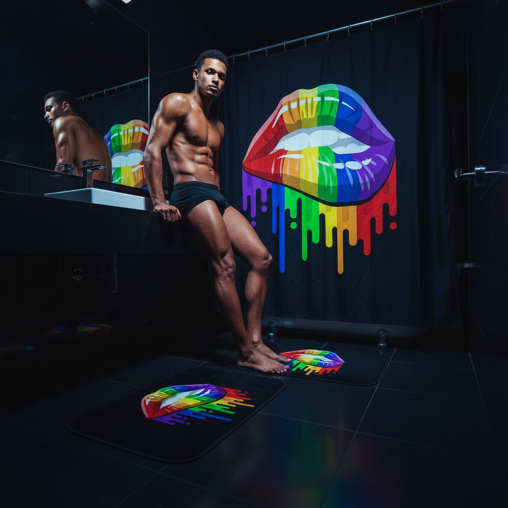 Person in black briefs beside a melting rainbow-lips shower curtain and matching bath mats