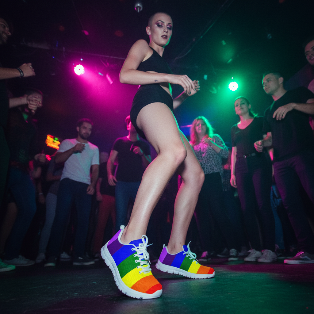 Rainbow-striped sneakers on a dancer in a dimly lit nightclub