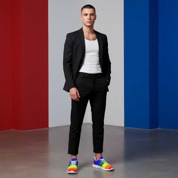 Gay Pride Mens Sneakers pop with bright rainbow colors as a short-haired person