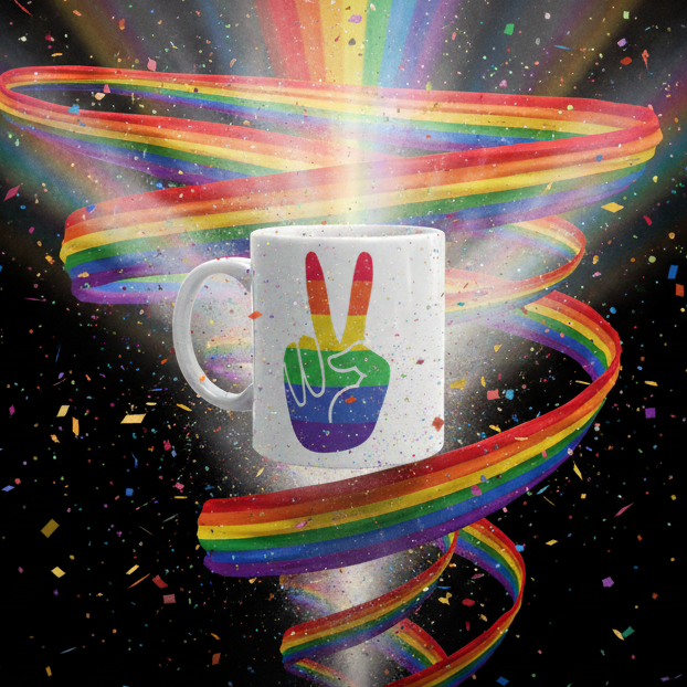 White mug with a rainbow peace-hand graphic, surrounded by rainbow ribbons and confetti