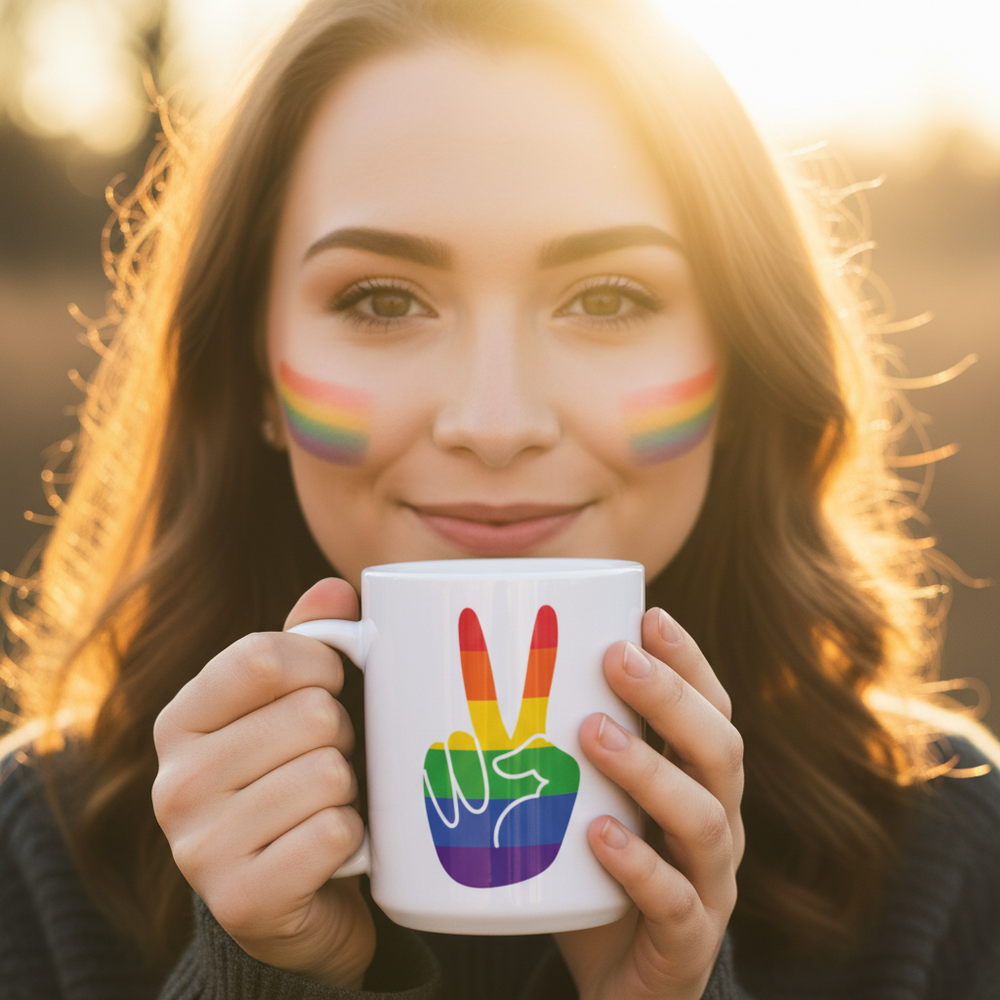 Person holds a white mug with a rainbow peace-sign hand and rainbow cheek stripes