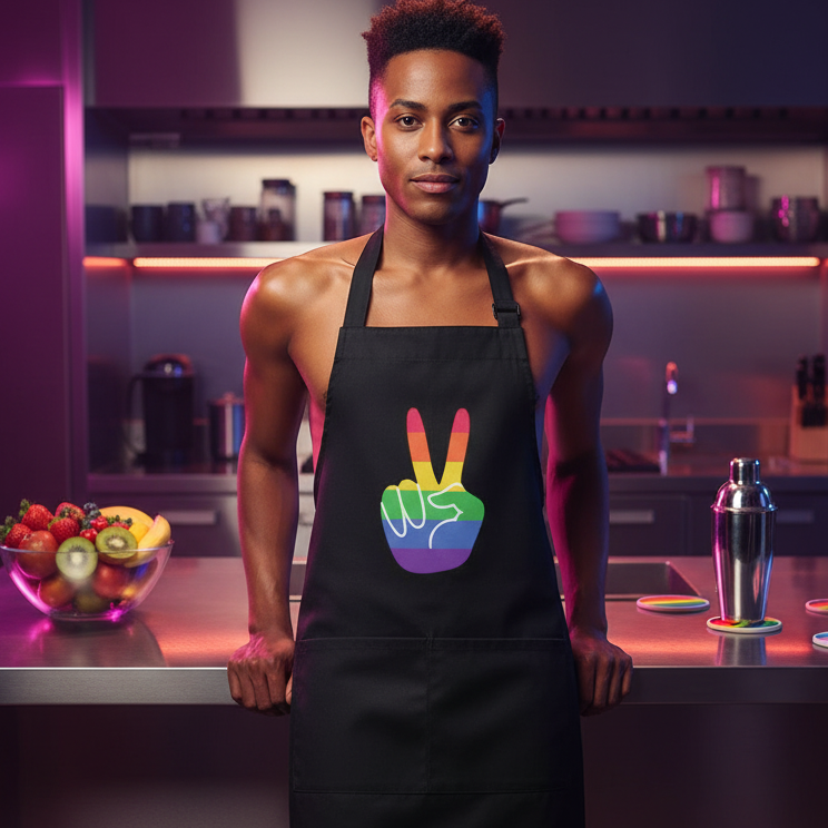 Model wearing a black apron with a rainbow peace-hand graphic in a kitchen