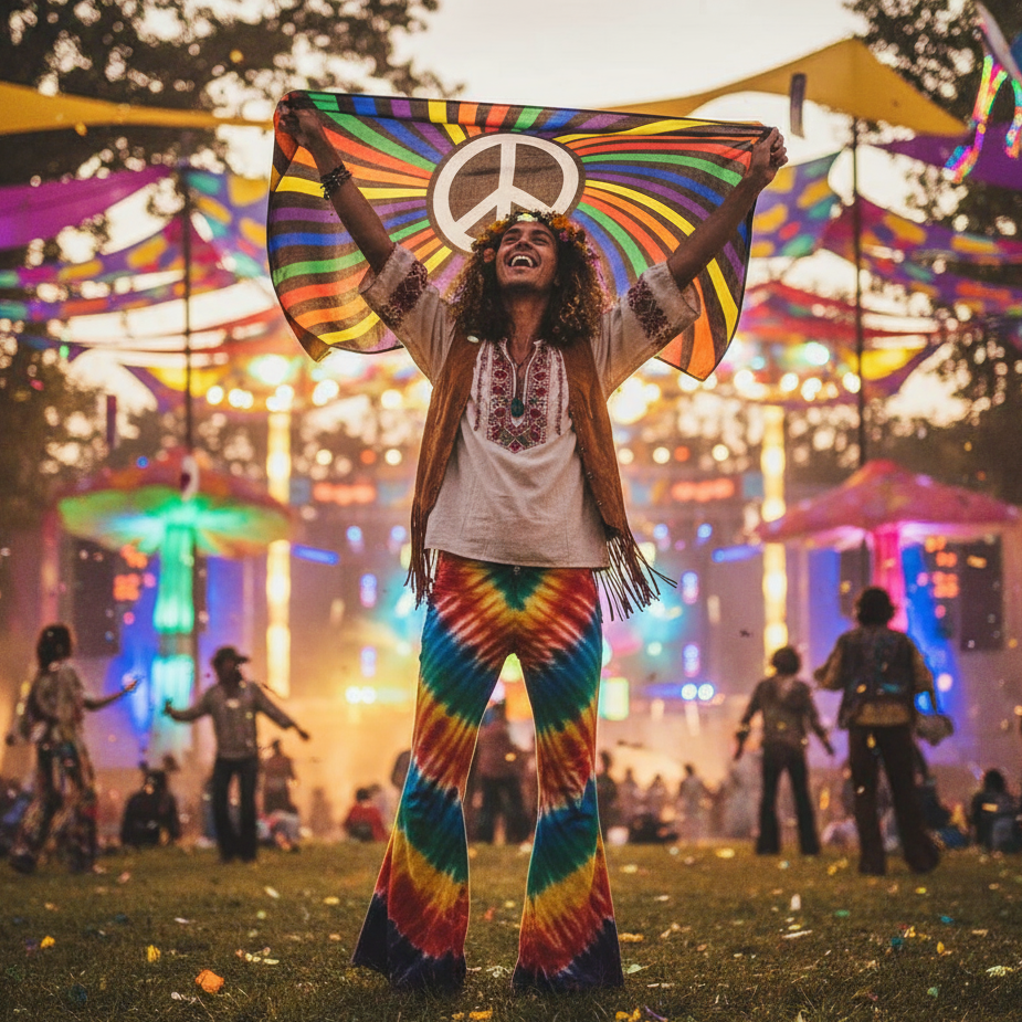 A person waves the Gay Pride Peace Flag, showcasing a large peace symbol with radiating rainbow stripes