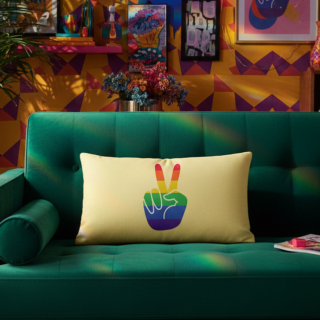Green velvet sofa with a Gay Pride pillow featuring a rainbow peace sign